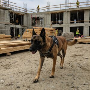 mage of a belgian malinois in a harness walking around a building site